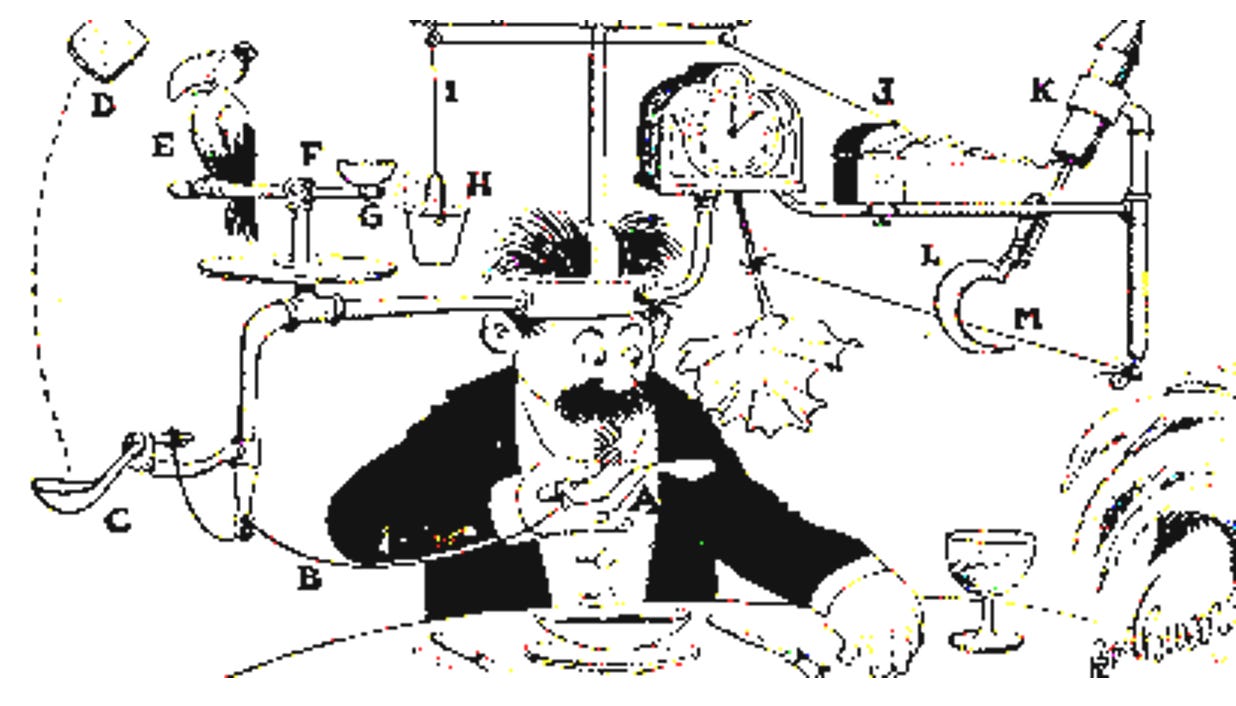 Rube Goldberg Cartoon of man sitting at table with elaborate contraption