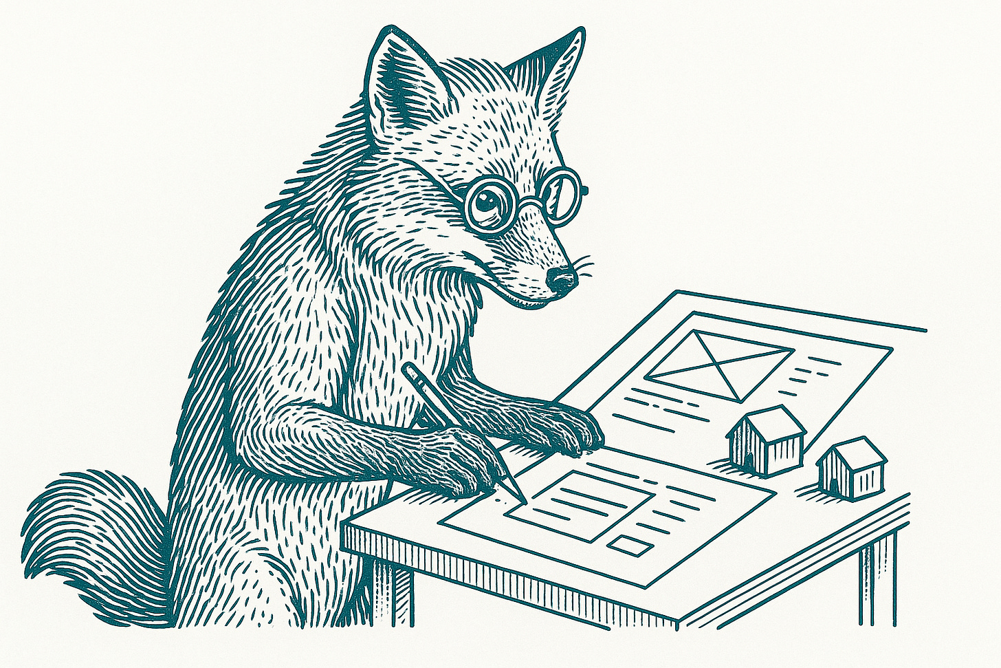 O’Reilly-style woodcut illustration of a clever fox in round glasses calmly sketching wireframes