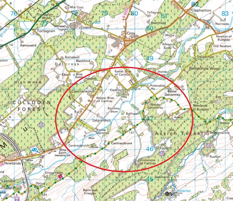 Map showing the Cantray stretch of Strathnairn, showing Cantray names either side of the river.