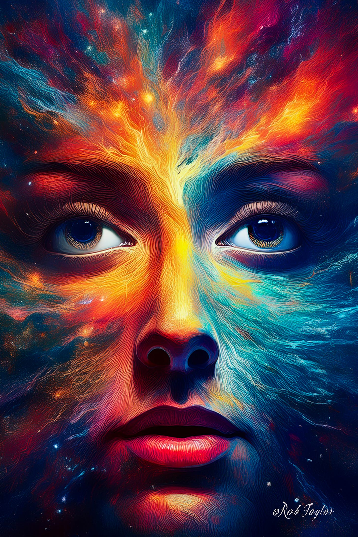 Digital illustration of a woman gazing forward and slightly up with clear eyes and an open mind. Bold colors flow around her, symbolizing unfiltered perception and expanded consciousness.