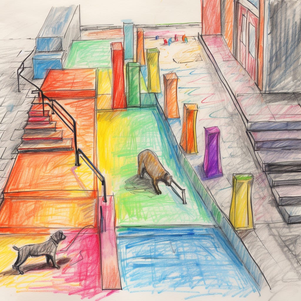 colourful crayon drawing of stairs with handrails and multicolour blocks. a dog stands in the bottom corner looking at a nearby bear