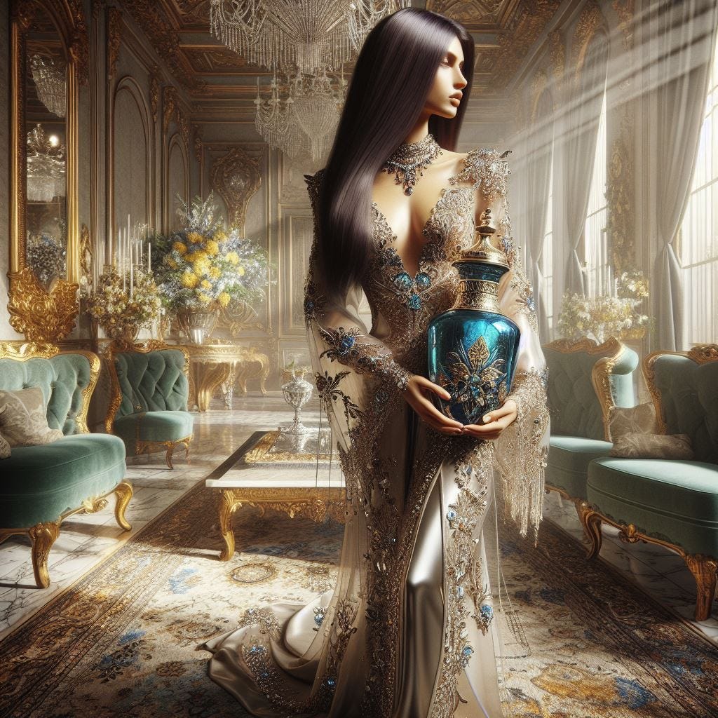 hyper realistic 2-color wine jug with a sterling lid, with blue cut to yellow. Gilded Mirrors. Persian Rugs. long, dark straight-haired woman wearing bespoke ensemble with intricate lace, beading and embroidery. slingback pumps, kitten heels. Marble Tables/Flower Arrangements. light green Velvet Armchairs/silk sofa. intricate carvings/ Silk Drapes luminesent. Etheral. Sun beams flooding room