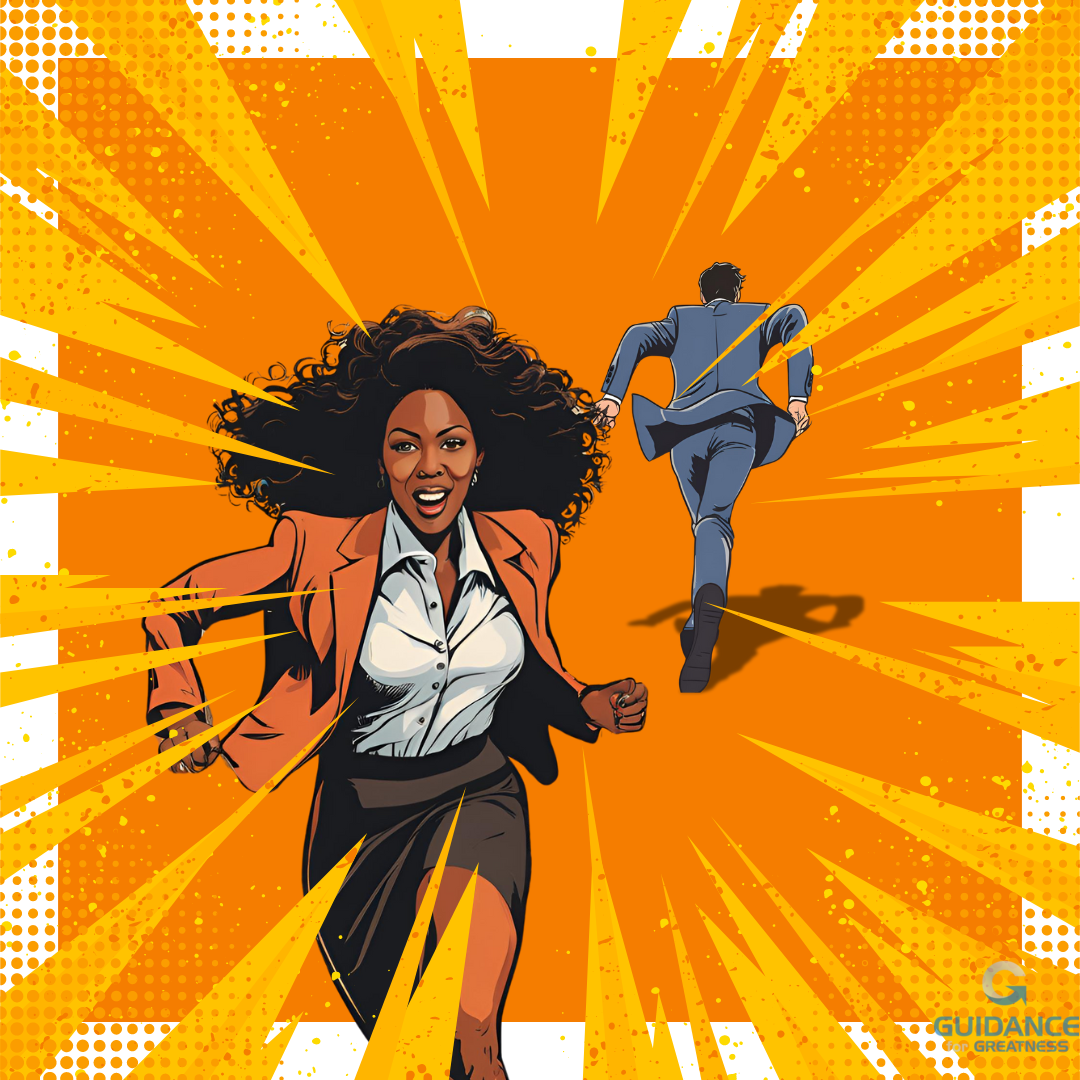 A cartoon of a Black woman in a business suit running toward the viewer with a smile of excitement on her face. A white man in a business suit is behind her running in the opposite direction. In the foreground are yellow bolts projecting from the image’s frame suggesting danger. The far background is orange with a white frame.