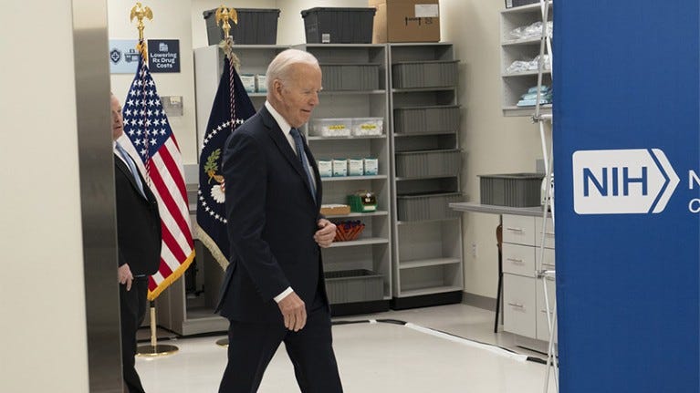 US President Biden arrives to speak during an event at the National Institutes of Health in 2023.