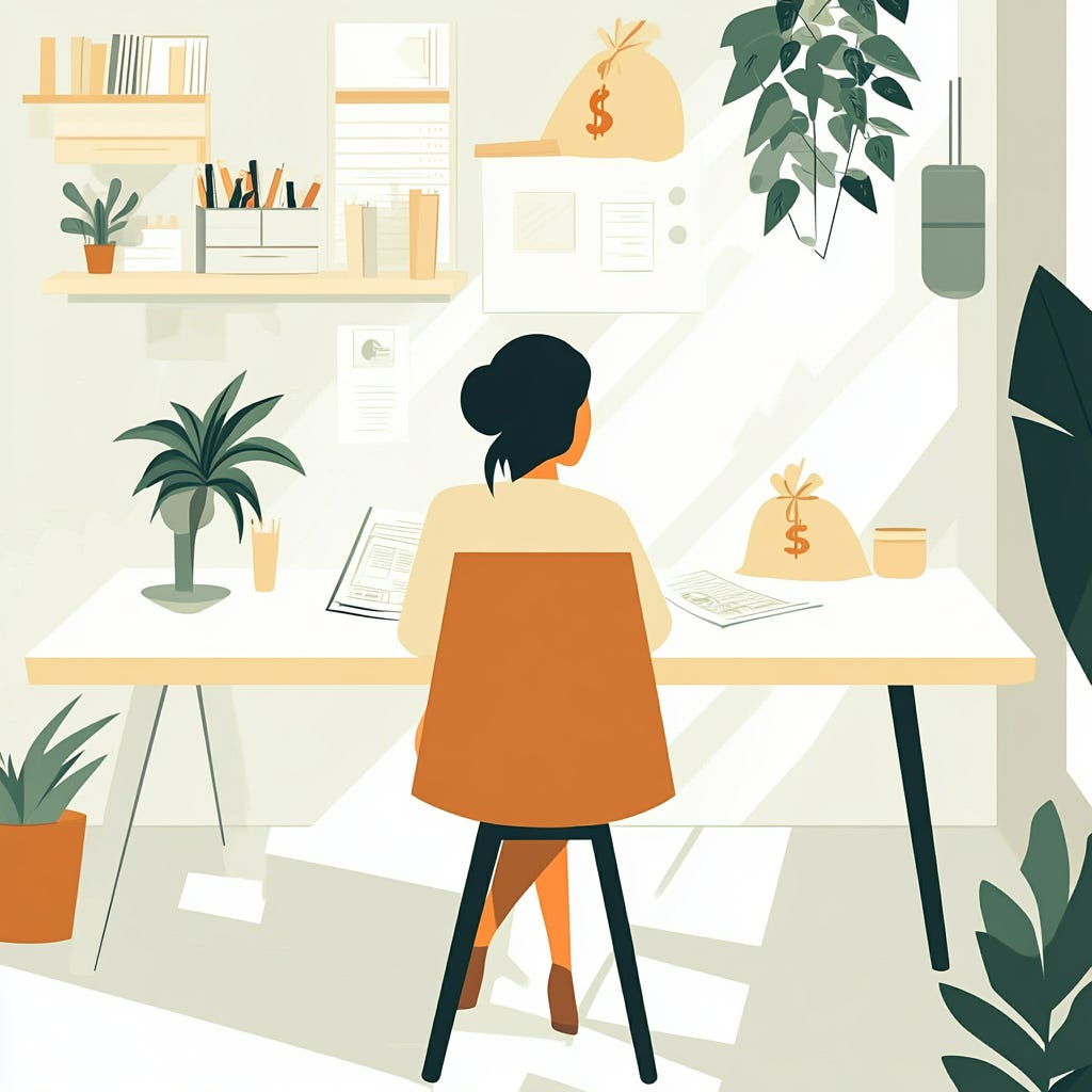 bright, minimalist office space with a person looking relaxed while reviewing financial documents, soft natural lighting, clean lines, muted colours