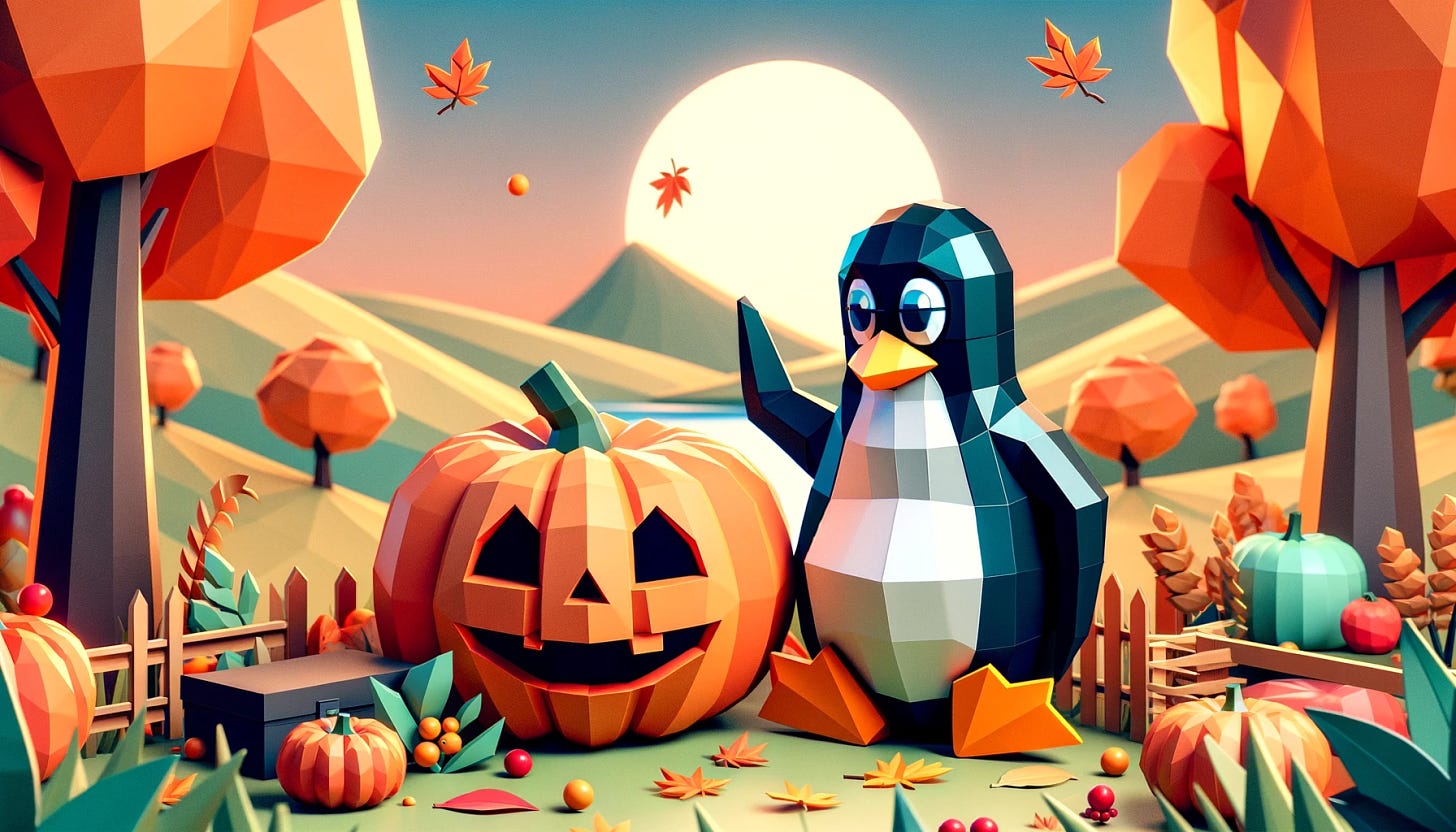A low poly style, landscape oriented illustration of a Thanksgiving scene where a pumpkin, personified with a friendly face, meets a representation of Linux AI Copilot, depicted as a whimsical, humanoid robot with Linux penguin elements. The setting is autumnal, with fall leaves and warm colors, conveying a sense of Thanksgiving. The scene has a playful and futuristic tone, blending the traditional Thanksgiving theme with a modern AI twist.