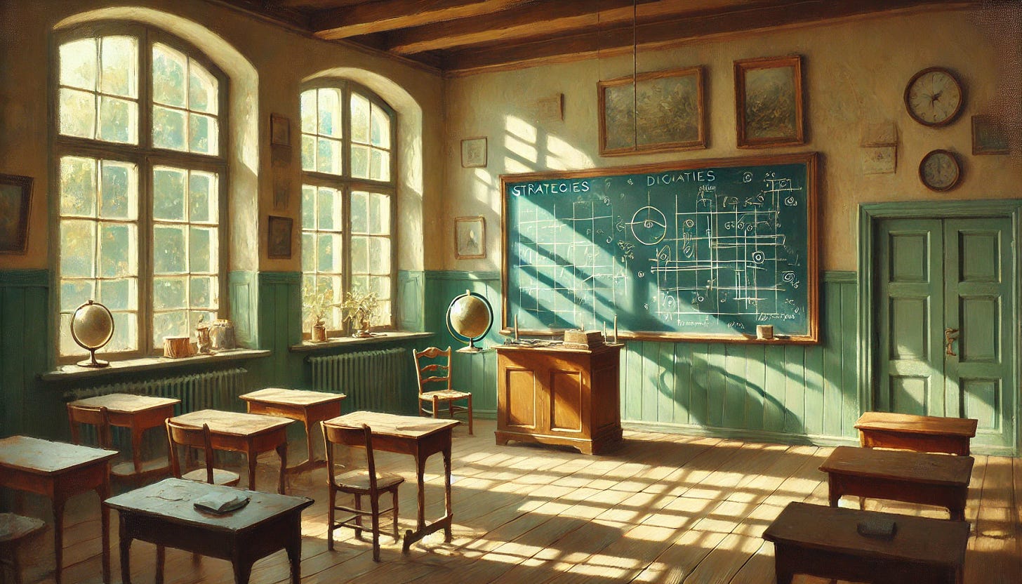 An impressionistic oil painting inspired by Fritz Syberg's style, depicting a classroom in early 1900s Europe with a chalkboard as the central focus. The chalkboard displays strategies and diagrams sketched in white chalk, with smudges adding an authentic, lived-in feel. The room is softly illuminated by dappled sunlight streaming through large wooden-framed windows, casting gentle shadows on the wooden floor and desks. The classroom has simple wooden furniture and rustic charm, with hints of the era visible in the details like a small globe or a vintage inkwell on one of the desks. The color palette is pastel-like, with muted greens, soft creams, and warm browns blending harmoniously to create a serene and tranquil atmosphere. The composition captures the essence of quiet learning and reflection in a peaceful, sunny day, set in a wide aspect view.