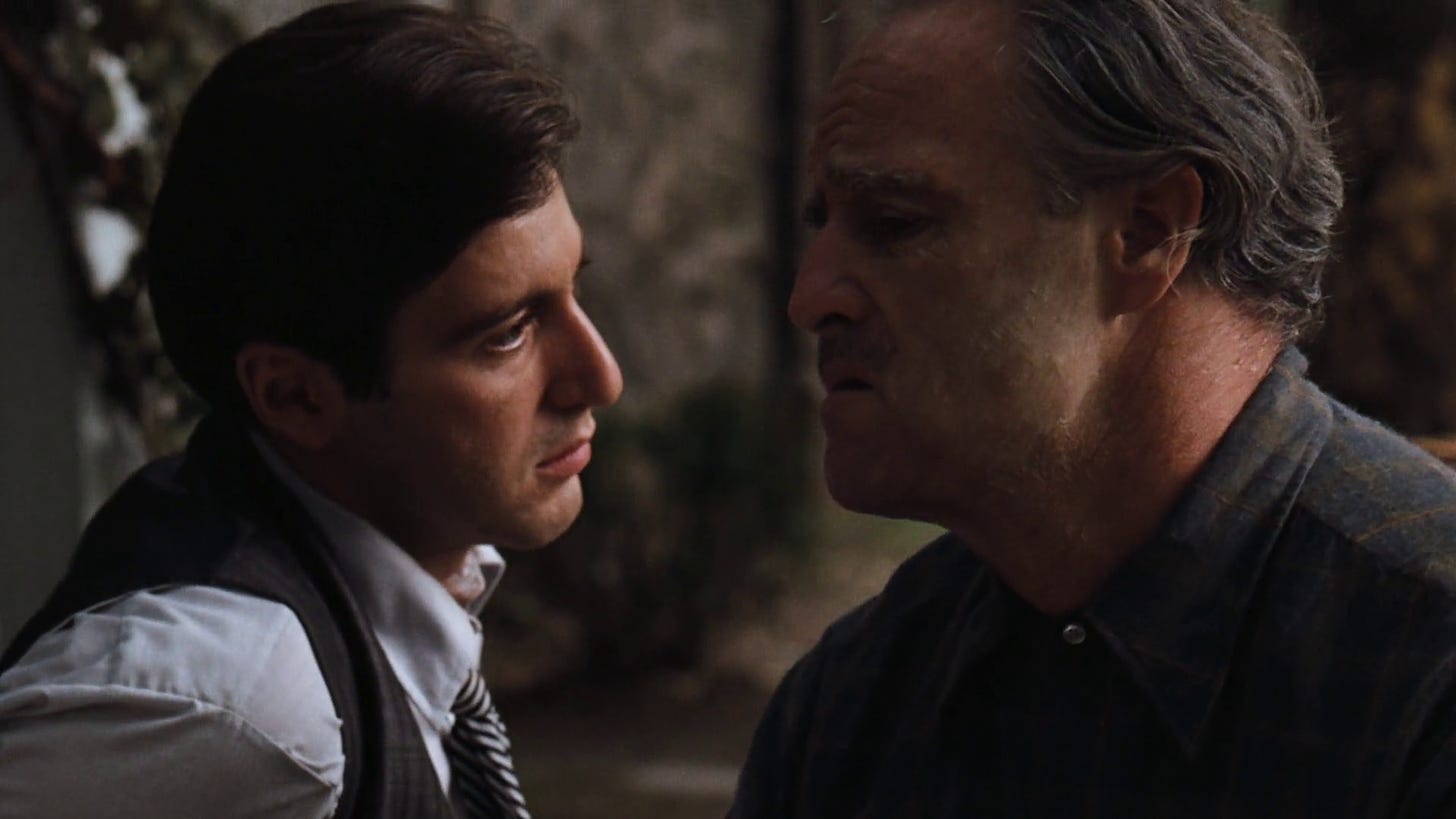 Michael and Vito Corleone discuss potential threats and how Vito never wanted Michael in this position in the first installment of The Godfather series.