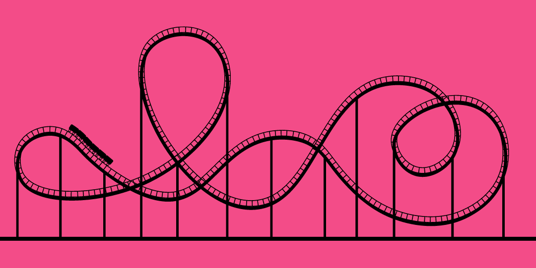 Images is a graphic of a rollercoaster, in black, with a car traveling along the loopy tracks. The background is solid pink.