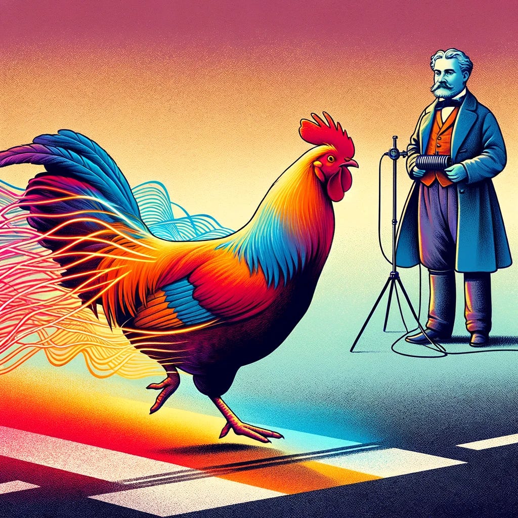 A creative and slightly abstract illustration depicting a chicken in mid-motion, transitioning from warm colors (reds and oranges) to cooler colors (blues and violets) as it crosses the road. This represents the chicken shifting its frequency. The background features a simple road with subtle wave patterns in the air, symbolizing frequency waves. Heinrich Hertz, in period-appropriate attire, observes the scene with a scientific instrument, like a spectral analyzer, to emphasize his interpretation of the frequency shift. The artwork combines realism with abstract elements and vibrant colors.