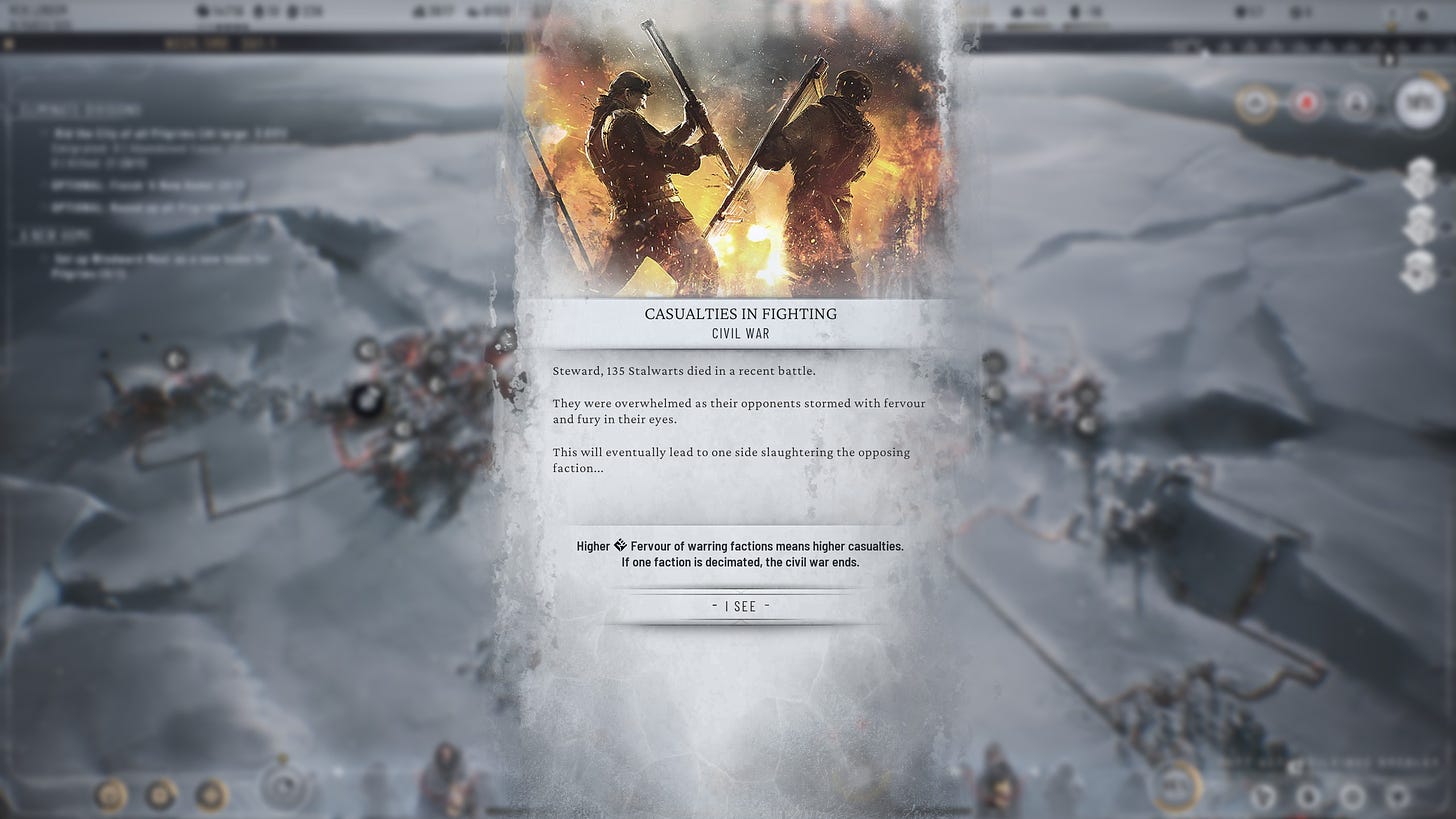 A screenshot of Frostpunk 2 showing a pop-up dialogue detailing the casualties in a civil war.