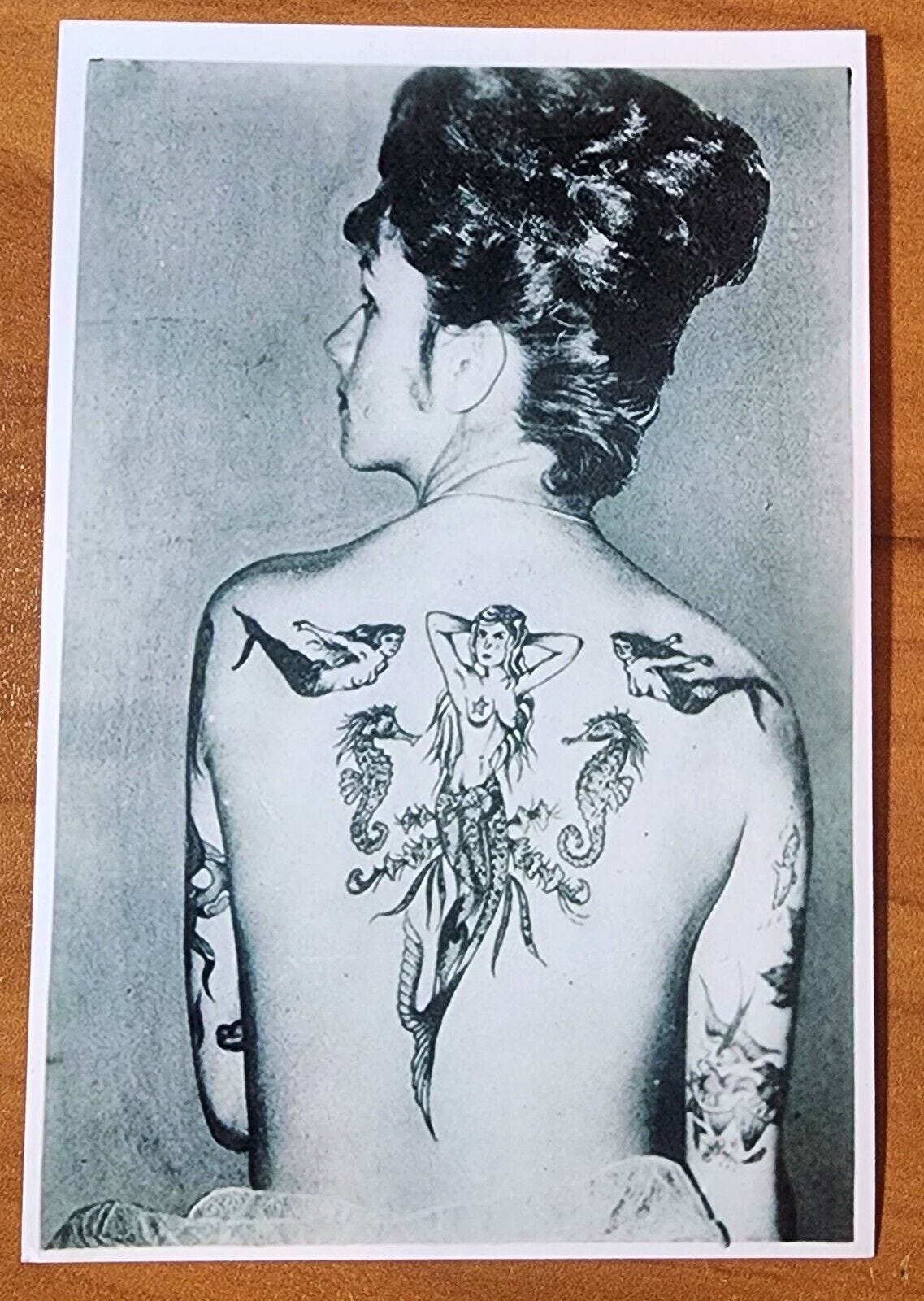 Bernard Kobel Traditional Tattoo Photo B&W Vintage Tattooed Woman Back Mermaid - Picture 1 of 2
