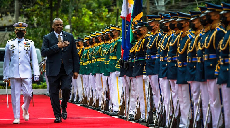 Secretary of Defense Lloyd J. Austin III is welcomed to the Philippine Department of National Defense in Manila, Philippines, Feb. 2, 2023. Photo Credit: Chad McNeeley, DOD