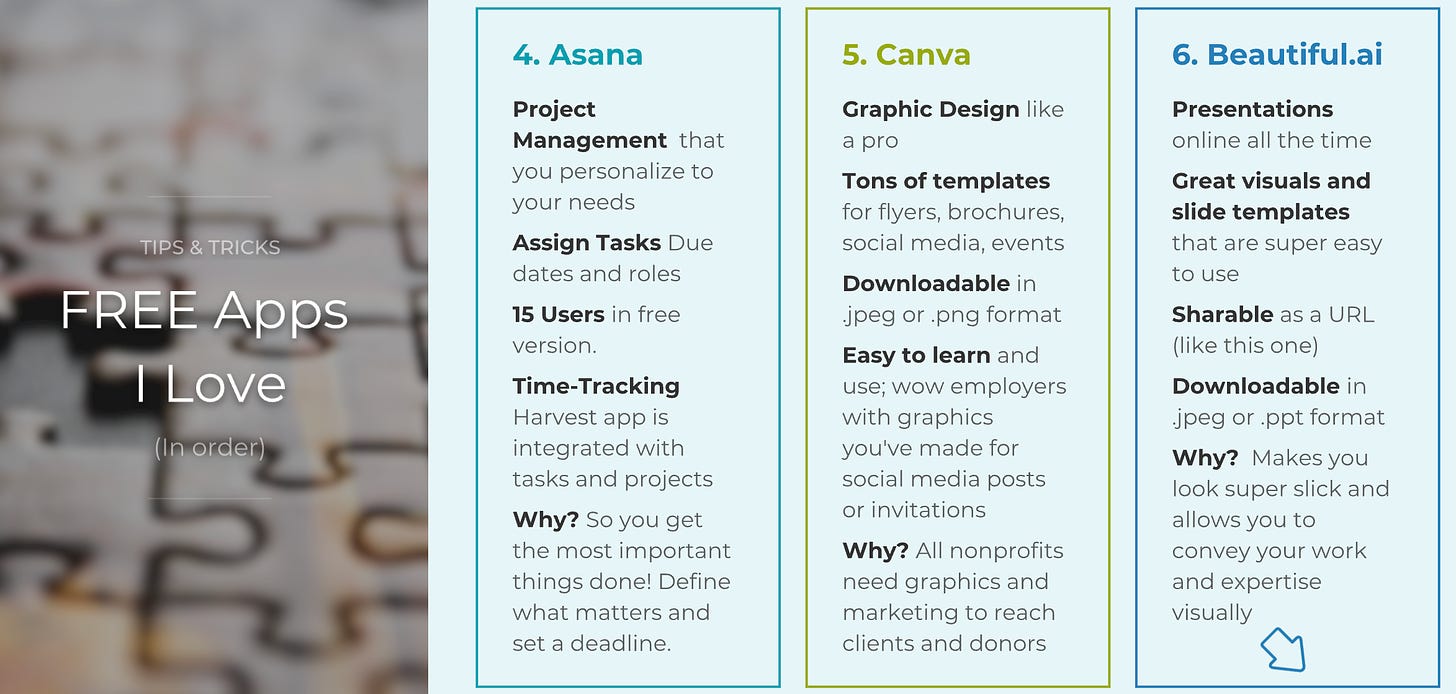 Melanie's list of 3 more favorite apps, including Asana, Canva and Beautiful.ai