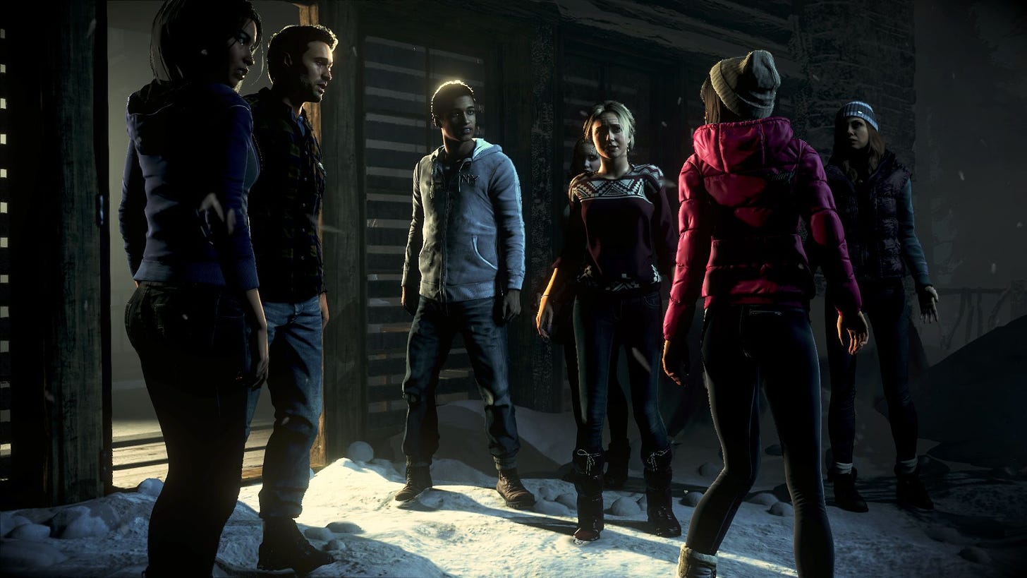 A screenshot from Until Dawn, showing the group of friends standing just outside the lodge with Hannah, who looks frightened.