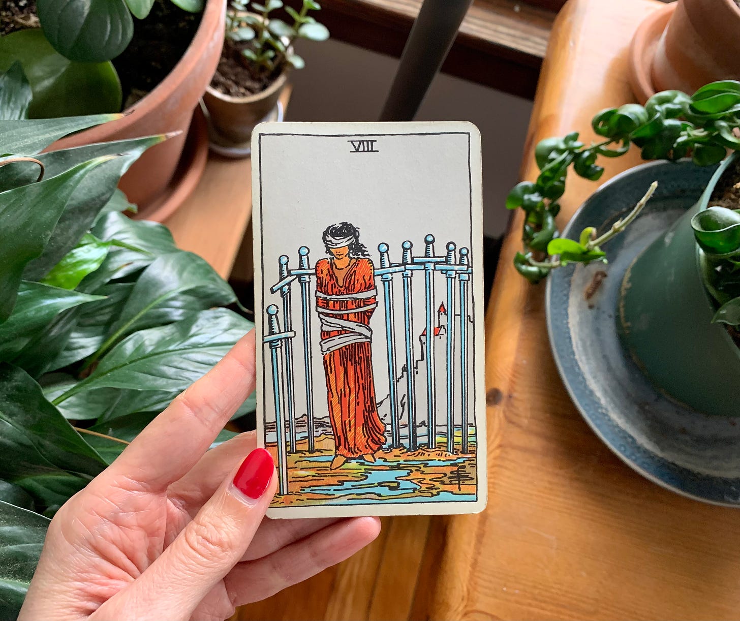 A hand is holding a tarot card, eight of swords by pamela colman smith for the rider waite smith tarot. In the image a person is wearing all red and tied around their arms and blindfolded. They are standing on a muddy ground, with eight swords in the ground surrounding them on the right and left but not back and front. In the distance behind them is a castle on a hill. Behind the card are some houseplants next to a window sill with light coming in.