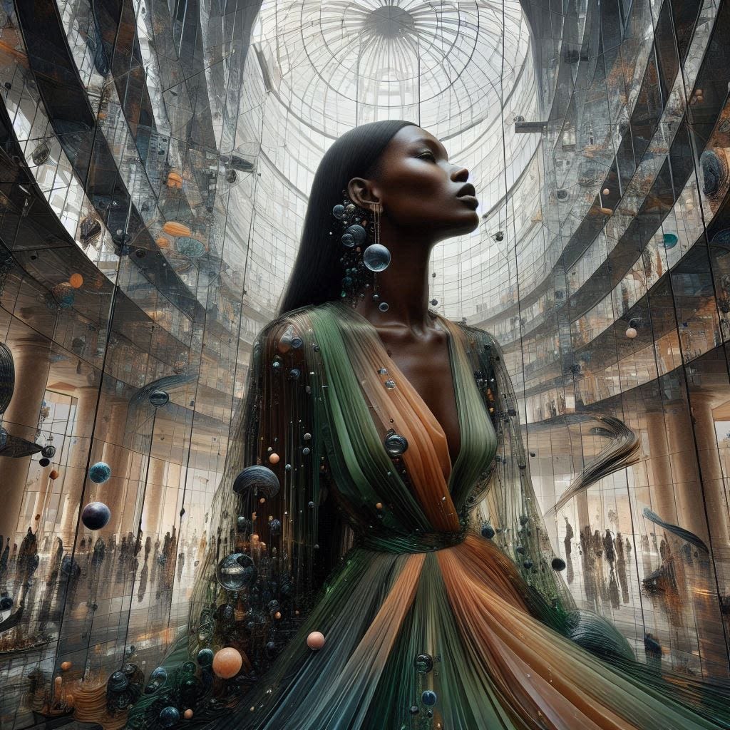 inside glass structure; tiltshift/ 5d angle glass embedded Altgeld hall building/ Broken into fragments/ pieces/ Malian woman, serene/ meditation/ in front of Altgeld hall in olive, chartrues, dress /collar made of black water in resin/long black hair falling into her face. coral orange, pink, cream, olive address/earrings made of moons aglow/ reverberating waves. black hole/ water in resin verdigris/ In the style of Michael Parkes. black etching/ black linework/ black sky