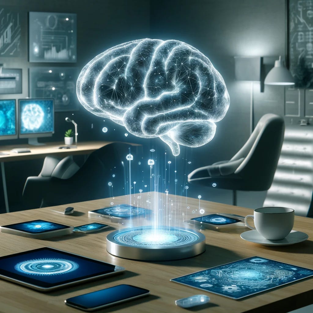 A highly detailed and modern representation of a 'second brain'. The scene features a digital, glowing holographic brain model floating above a sleek desk, surrounded by advanced technology such as tablets, smartphones, and computers. The brain emits a soft blue light, symbolizing digital organization and enhanced cognitive capabilities. The background is a minimalist, high-tech office with sleek furniture, abstract art, and futuristic decor. The overall ambiance is sophisticated and innovative, highlighting the concept of using digital tools to augment and organize human memory and knowledge.