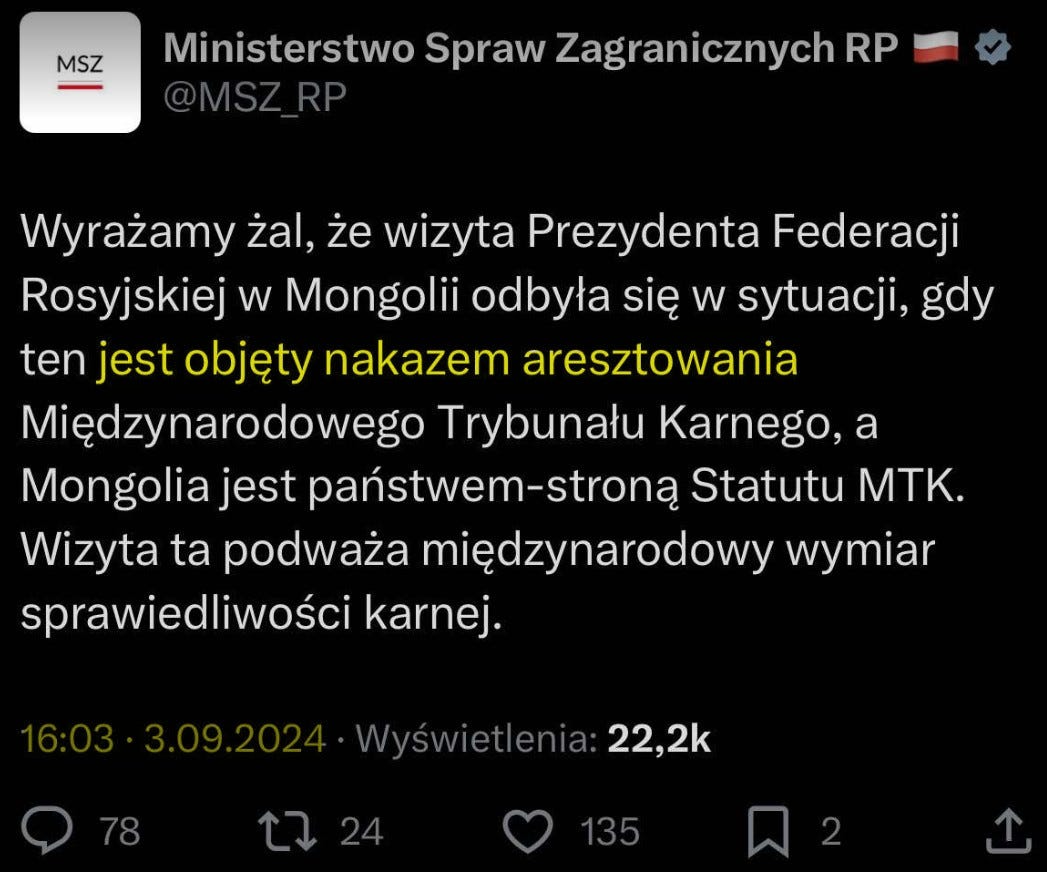 Vi beklagar att Ryska federationens presidents besök i Mongoliet ägde rum i en situation där den senare är föremål för en arresteringsorder från Internationella brottmålsdomstolen och Mongoliet är en stat som är part i ICC:s stadga. Detta besök undergräver den internationella straffrätten.