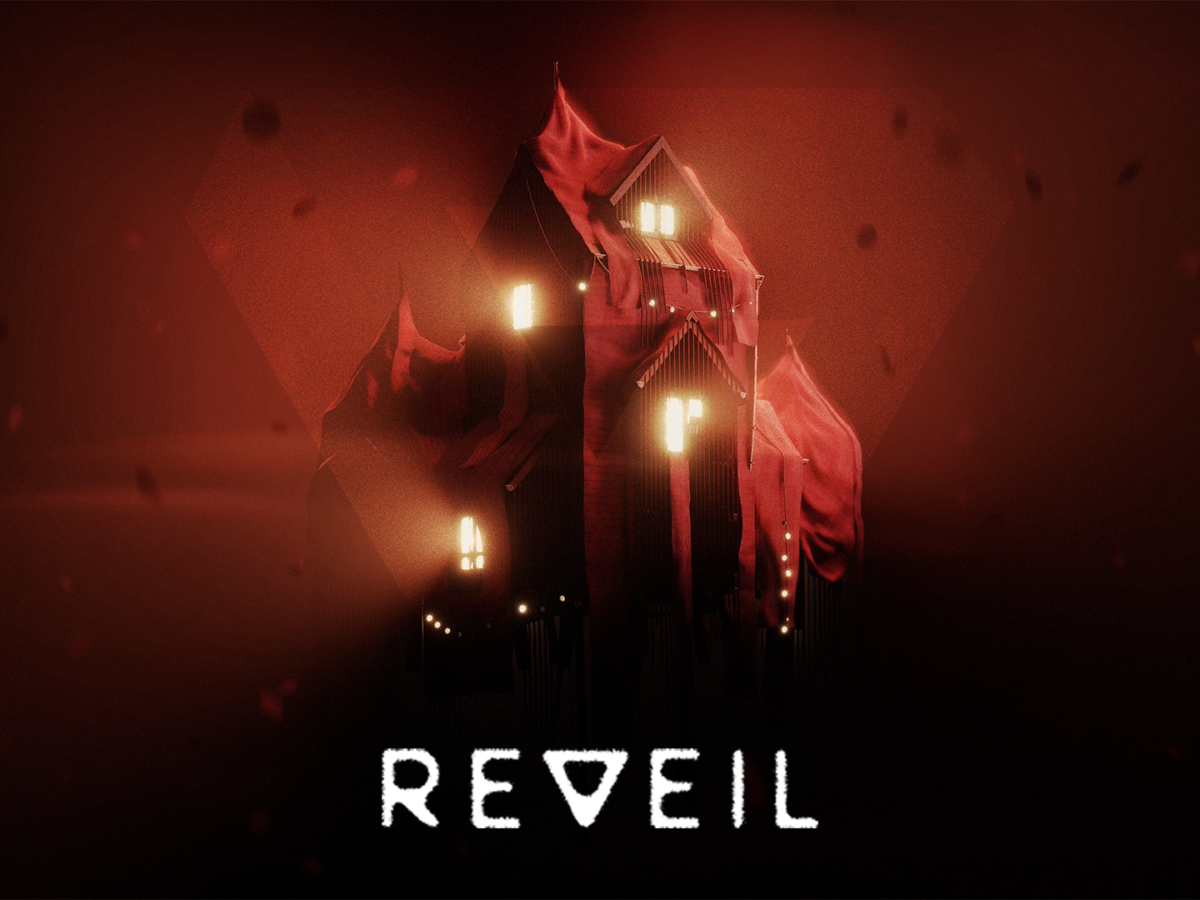 The cover for the game Reveil, showing a large house at the centre with bright windows against a dark red background.