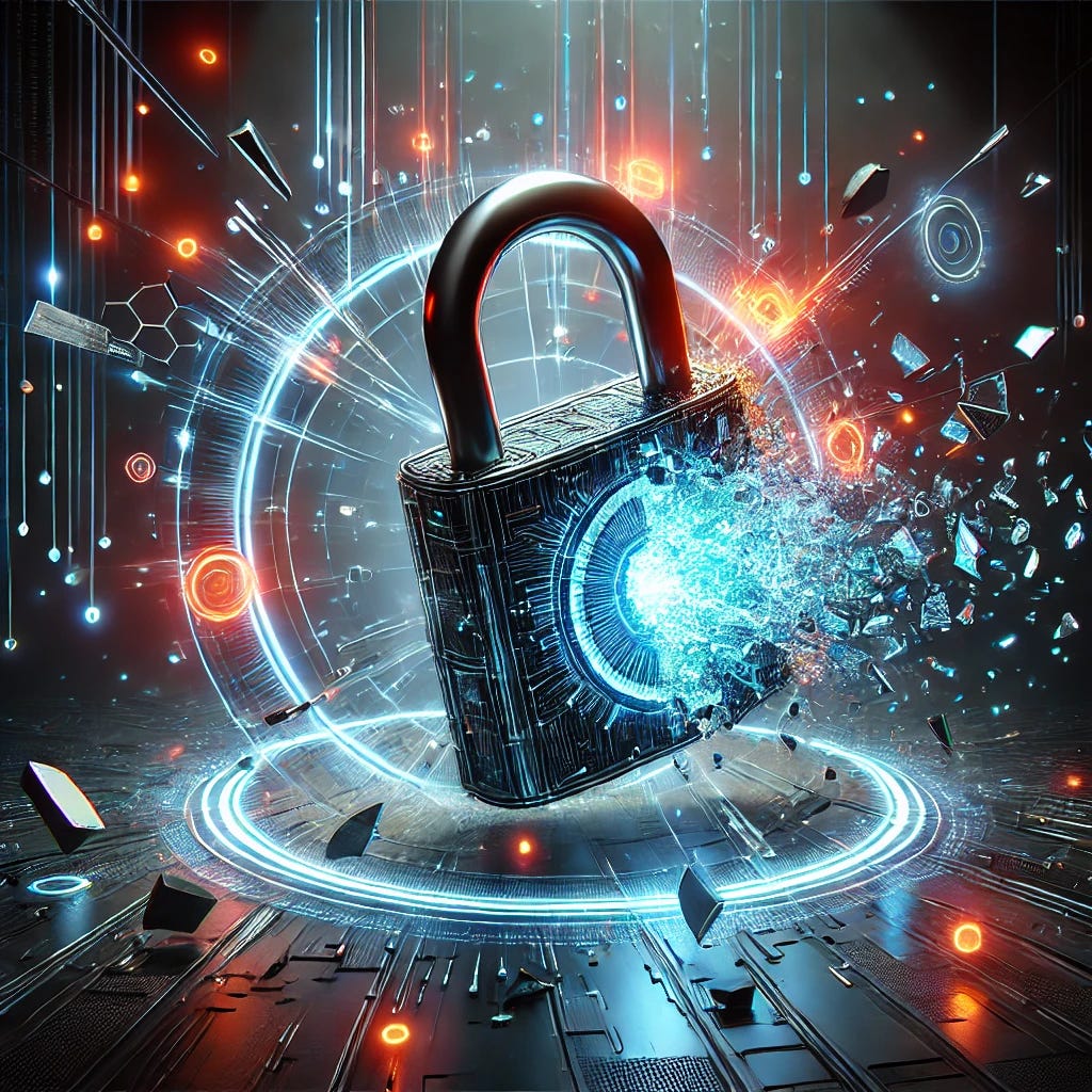 A high-impact, photorealistic illustration of a digital padlock being shattered by neon cyber elements, symbolizing the breach of secure data. The scene combines glowing fragments and dramatic lighting, set against a dark, tech-heavy background. The visual should inspire awe and urgency, perfect for grabbing the attention of a cybersecurity-focused audience.