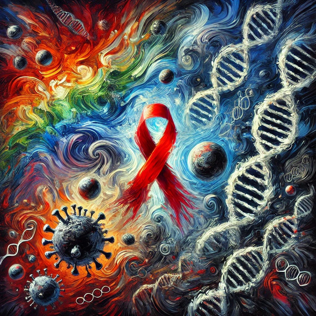 An abstract, oil-painting inspired image representing the complex and controversial history of HIV/AIDS. The image should feature symbolic elements like a red ribbon (symbolizing AIDS awareness), strands of DNA to reflect the viral and genetic debates, and oxidative stress represented through chaotic, swirling shapes. Bold colors such as deep reds, blues, and blacks will dominate the composition, with streaks of white and green signifying scientific research and hope. The brushstrokes should be expressive, conveying the tension and intensity of the topic.