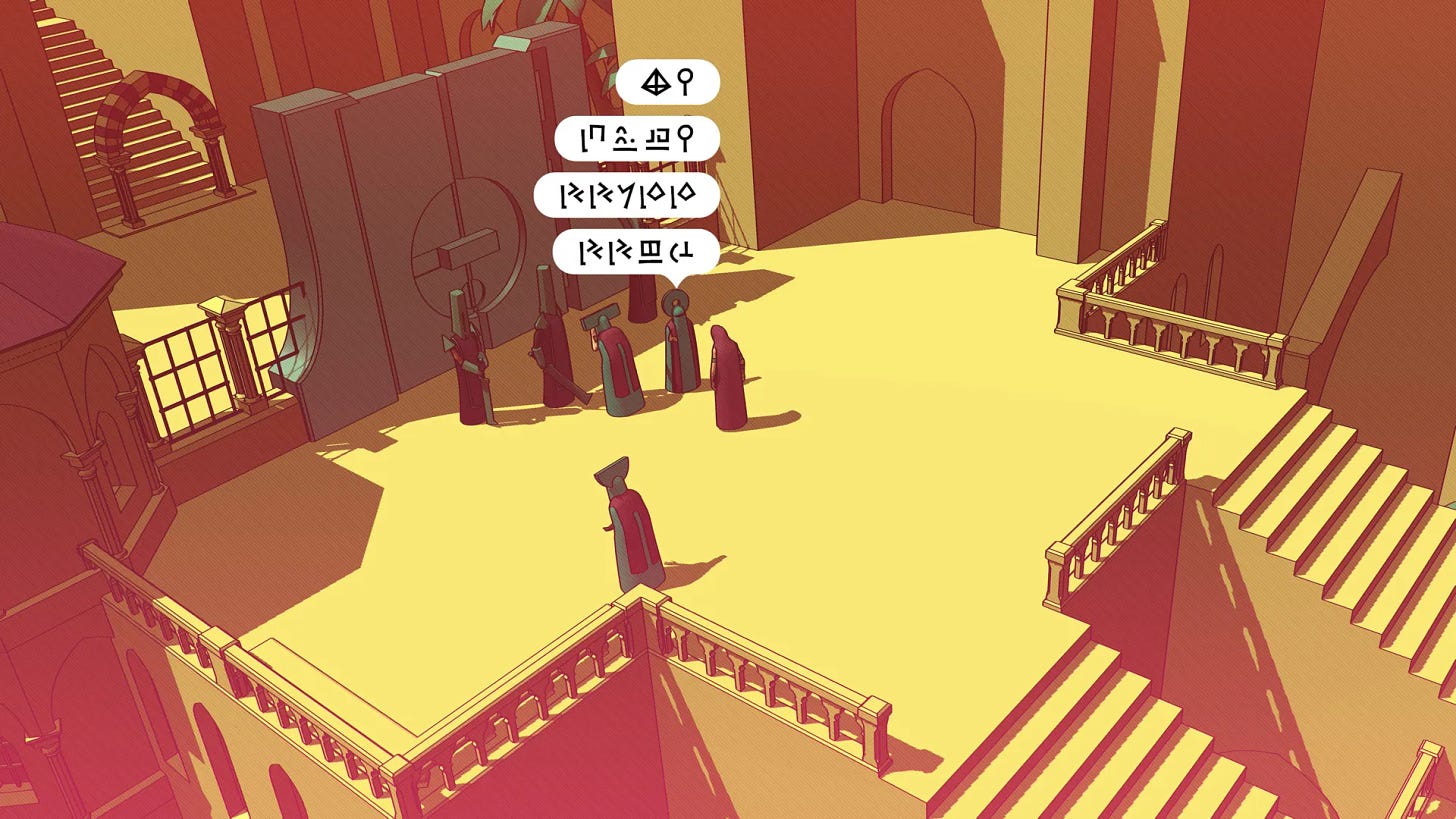 An image from a very stylised video game. It is flat shaded and very yellow. The scene shows a group of people dressed in ceremonial robes with extravagantly shaped hats standing in front of a large door. There are speech bubbles filled with incomprehensible text coming from one of the characters.