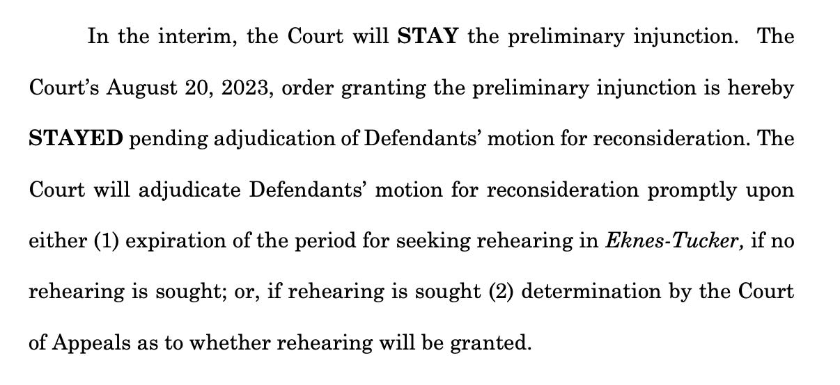 In the interim, the Court will STAY the preliminary injunction. The Court’s August 20, 2023, order granting the preliminary injunction is hereby STAYED pending adjudication of Defendants’ motion for reconsideration. The Court will adjudicate Defendants’ motion for reconsideration promptly upon either (1) expiration of the period for seeking rehearing in Eknes-Tucker, if no rehearing is sought; or, if rehearing is sought (2) determination by the Court of Appeals as to whether rehearing will be granted. 