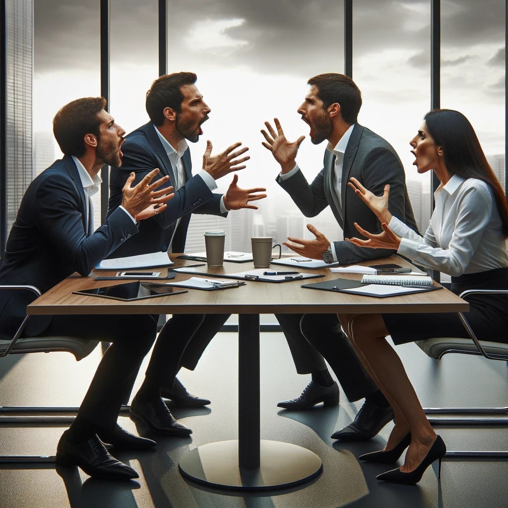 A small, intense business meeting in a contemporary office, with four professionals gathered around a minimalist conference table. Each person is captured in the midst of speaking, with open mouths and expressive hand gestures, clearly trying to talk over and interrupt each other. The atmosphere is charged with energy and urgency, emphasizing the competitive spirit of the discussion. The table is cluttered with a few high-tech devices and papers, underscoring the meeting's dynamic nature. The background features a panoramic window showcasing a city skyline, highlighting the meeting's high-stakes environment.