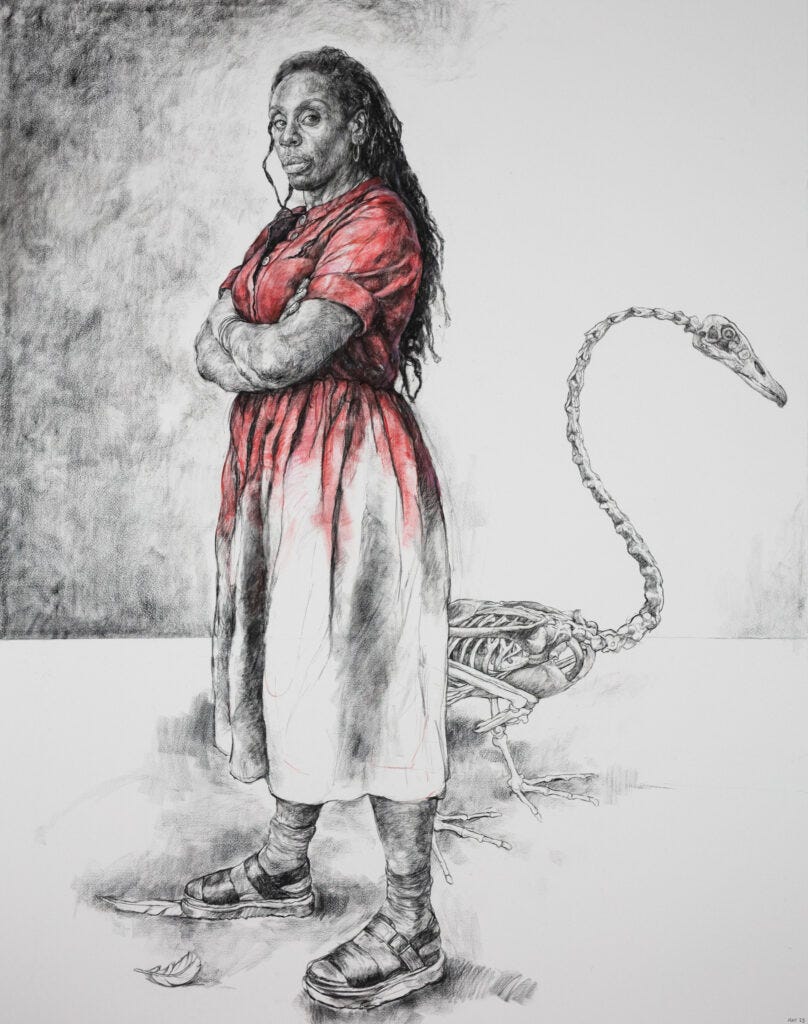 a sketched self portrait of the artist Barbara Walker depicted as her take on the Greek mythology Leda and the Swan. The image is in mono save frrom red on Barbara Walker's t-shirt, bleeding down into her skirt. She stands looking straight on, arms folded in front of a skeletal swan.