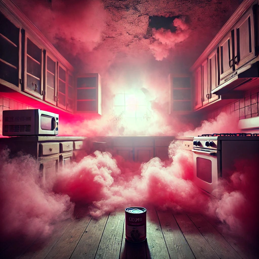 A dystopian kitchen fully engulfed in an eerie pink haze, inspired by the previous image. The entire room is bathed in an unnatural pink light, with the fog thick and swirling. In the center of the room, a can of dog food sits on the floor, partially open. The cabinets, countertops, and microwave are barely visible through the dense haze. The cracked window remains in the background, but the outside world is obscured by the overwhelming pink fog. The atmosphere is unsettling and surreal.