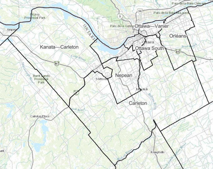 The federal ridings in the city of Ottawa, as drawn by the previous federal electoral boundaries commission, which were in effect between 2015 and the dissolution of the last parliament in March 2025.