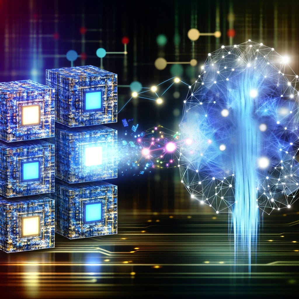 An imaginative illustration that symbolizes the integration of blockchain technology and artificial intelligence (AI) in records management. The foreground features a digital ledger or blockchain, represented by interconnected blocks glowing with data streams, symbolizing security, transparency, and immutability. Merging with the blockchain, there's an AI neural network depicted as a complex web of nodes and connections, illustrating the AI's capability to analyze, categorize, and manage records with precision and intelligence. The interaction between blockchain and AI is highlighted by a seamless flow of information and energy, suggesting a synergistic relationship that enhances records management. The background is futuristic, embodying the cutting-edge nature of these technologies.