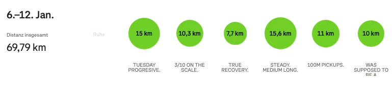 Screenshot of the author's training log showing a weekly milage of 69,79 km