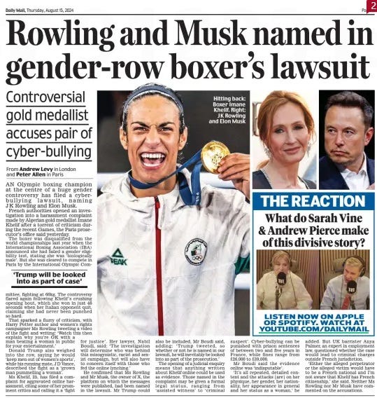 Rowling and Musk named in gender-row boxer’s lawsuit Controversial gold medallist accuses pair of cyber-bullying Daily Mail15 Aug 2024From Andrew Levy in London and Peter Allen in Paris AN Olympic boxing champion at the centre of a huge gender controversy has filed a cyberbullying lawsuit, naming JK Rowling and Elon Musk. French authorities opened an investigation into a harassment complaint made by Algerian gold medallist Imane Khelif after a torrent of criticism during the recent Games, the Paris prosecutor’s office said yesterday. The boxer was disqualified from the world championships last year when the International Boxing Association (IBA) announced she had failed a gender eligibility test, stating she was ‘biologically male’. But she was cleared to compete in Paris by the International Olympic Committee, fighting at 66kg. The controversy flared again following Khelif’s crushing opening bout, which she won in just 46 seconds when her Italian opponent quit, claiming she had never been punched so hard. That sparked a flurry of criticism, with Harry Potter author and women’s rights campaigner Ms Rowling tweeting a video of the fight and writing: ‘Watch this then explain why you’re OK with a man beating a woman in public for your entertainment.’ Donald Trump also weighed into the row, saying he would ‘keep men out of women’s sports’, while his running mate, J D Vance, described the fight as a ‘grown man pummelling a woman’. Ms Khelif, 25, has filed a complaint for aggravated online harassment, citing some of her prominent critics and calling it a ‘fight for justice’. Her lawyer, Nabil Boudi, said: ‘The investigation will determine who was behind this misogynistic, racist and sexist campaign, but will also have to concern itself with those who fed the online lynching.’ He confirmed that Ms Rowling and Mr Musk, the owner of X, the platform on which the messages were published, had been named in the lawsuit. Mr Trump could also be included, Mr Boudi said, adding: ‘Trump tweeted, so whether or not he is named in our lawsuit, he will inevitably be looked into as part of the prosecution.’ The opening of a judicial enquiry means that anything written about Khelif online could be used as evidence. Those named in the complaint may be given a formal legal status, ranging from ‘assisted witness’ to ‘criminal suspect’. Cyber-bullying can be punished with prison sentences of between two and five years in France, while fines range from £26,000 to £39,000. Mr Boudi said the evidence online was ‘indisputable’. ‘It’s all repeated, detailed content and the attacks [are] on her physique, her gender, her nationality, her appearance in general and her status as a woman,’ he added. But UK barrister Anya Palmer, an expert in employment law, questioned whether the case would lead to criminal charges outside French jurisdiction. ‘Either the alleged perpetrator or the alleged victim would have to be a French national and I’m not aware that Khelif has French citizenship,’ she said. Neither Ms Rowling nor Mr Musk have commented on the accusations. ‘Trump will be looked into as part of case’ Article Name:Rowling and Musk named in gender-row boxer’s lawsuit Publication:Daily Mail Author:From Andrew Levy in London and Peter Allen in Paris Start Page:5 End Page:5