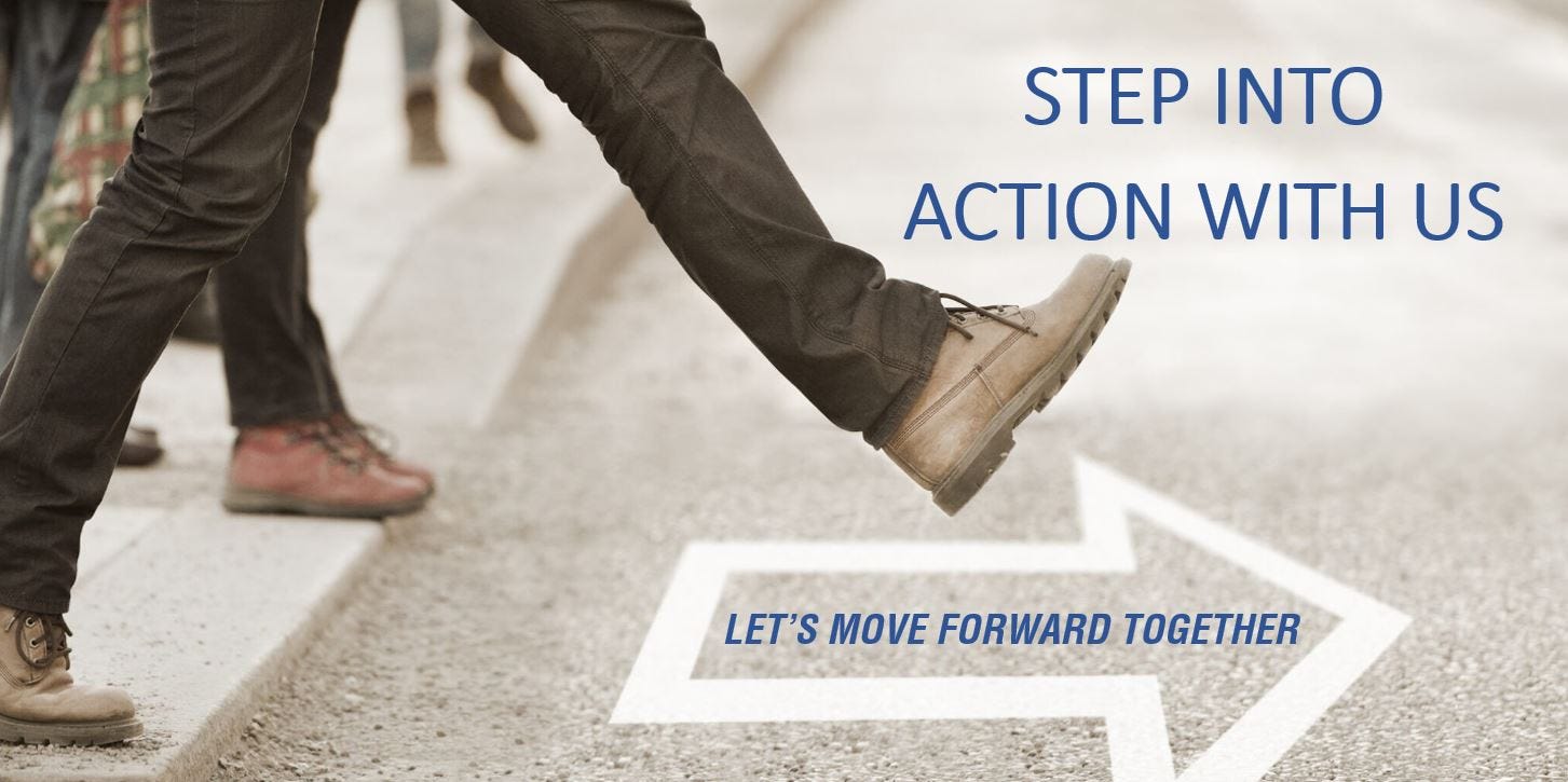 A foot poised to take a step forward on a crosswalk, with an arrow pointing ahead, captures the essence of progress and action. This image invites viewers to join in the journey, symbolizing the collective momentum of moving forward together.