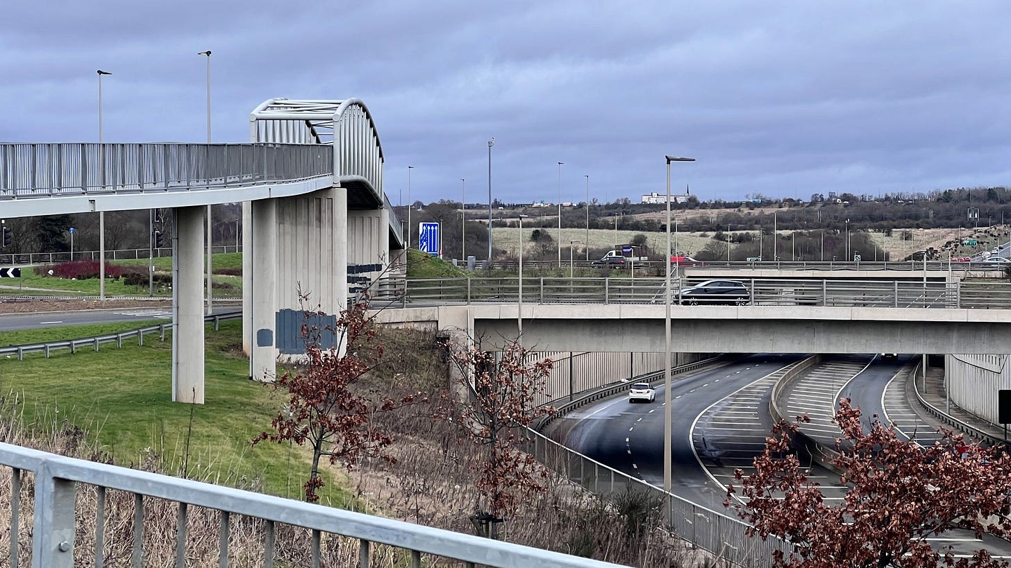 The biggest footbridge over the motorway we had to cross. It was a lot bigger and more noisy than a photograph can show