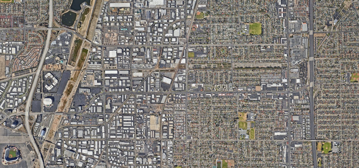 Aerial view of Angel Stadium and surrounding area