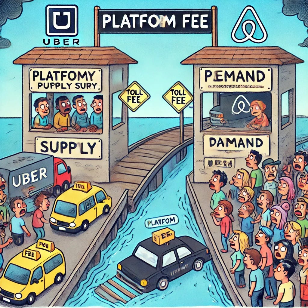 A comic strip in a single panel depicting platform companies like Uber and Airbnb represented as a toll bridge over a river. On one side, users providing supply (e.g., drivers and homeowners) are shown eagerly approaching the bridge, while on the other side, demand users (e.g., passengers and travelers) are moving towards it. The bridge has signs labeled 'Platform Fee' and is adorned with icons representing various platform services. The overall scene should convey the idea of the platform acting as a connector for both supply and demand while collecting a fee as users cross. The art style should be lighthearted and engaging, with clear expressions and details.