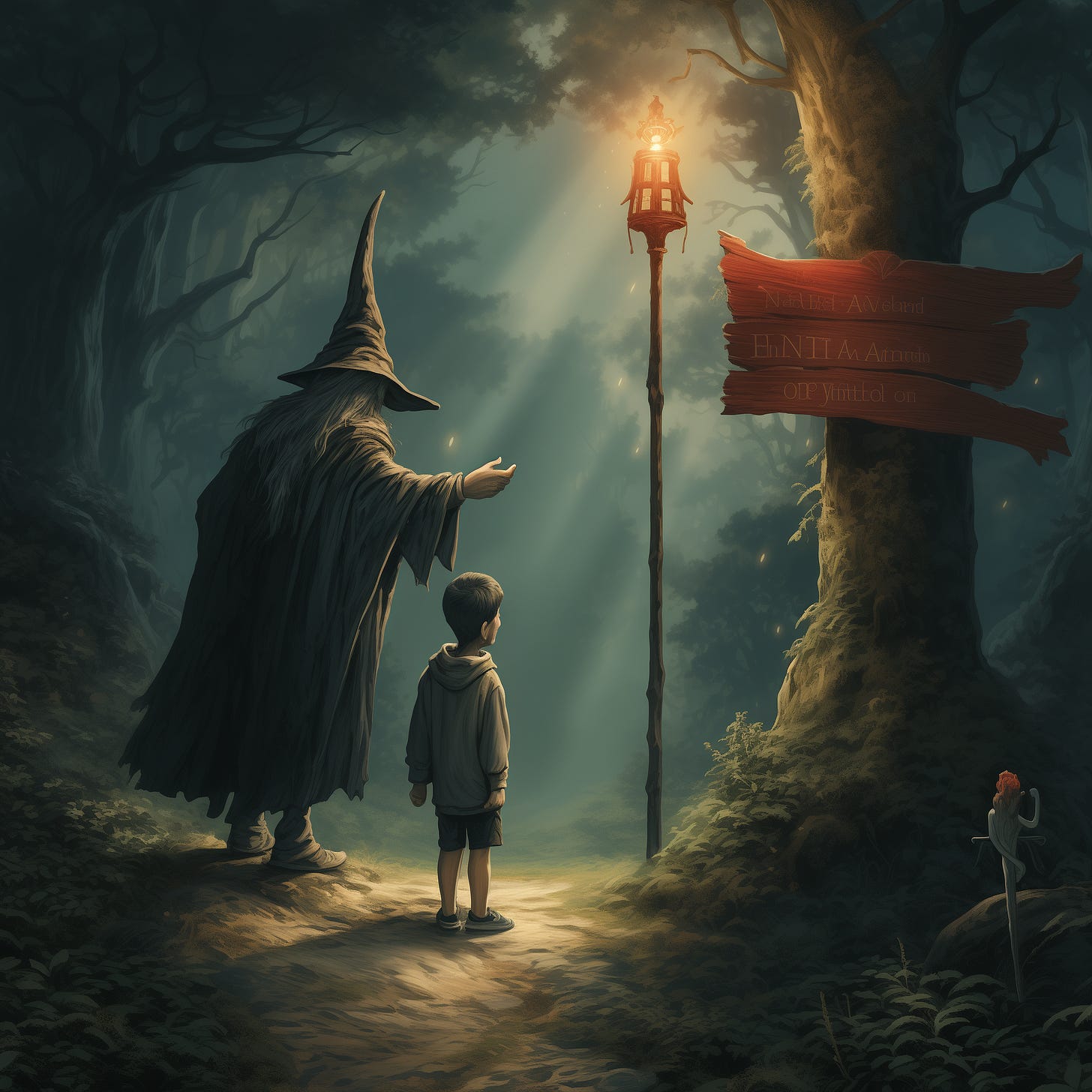 A grey robed wizard with a pointy hat guiding a young boy on a forested cross roads.