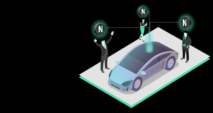 A screenshot of ELOOP's Tesla blockchain-based car sharing in cartoon form.