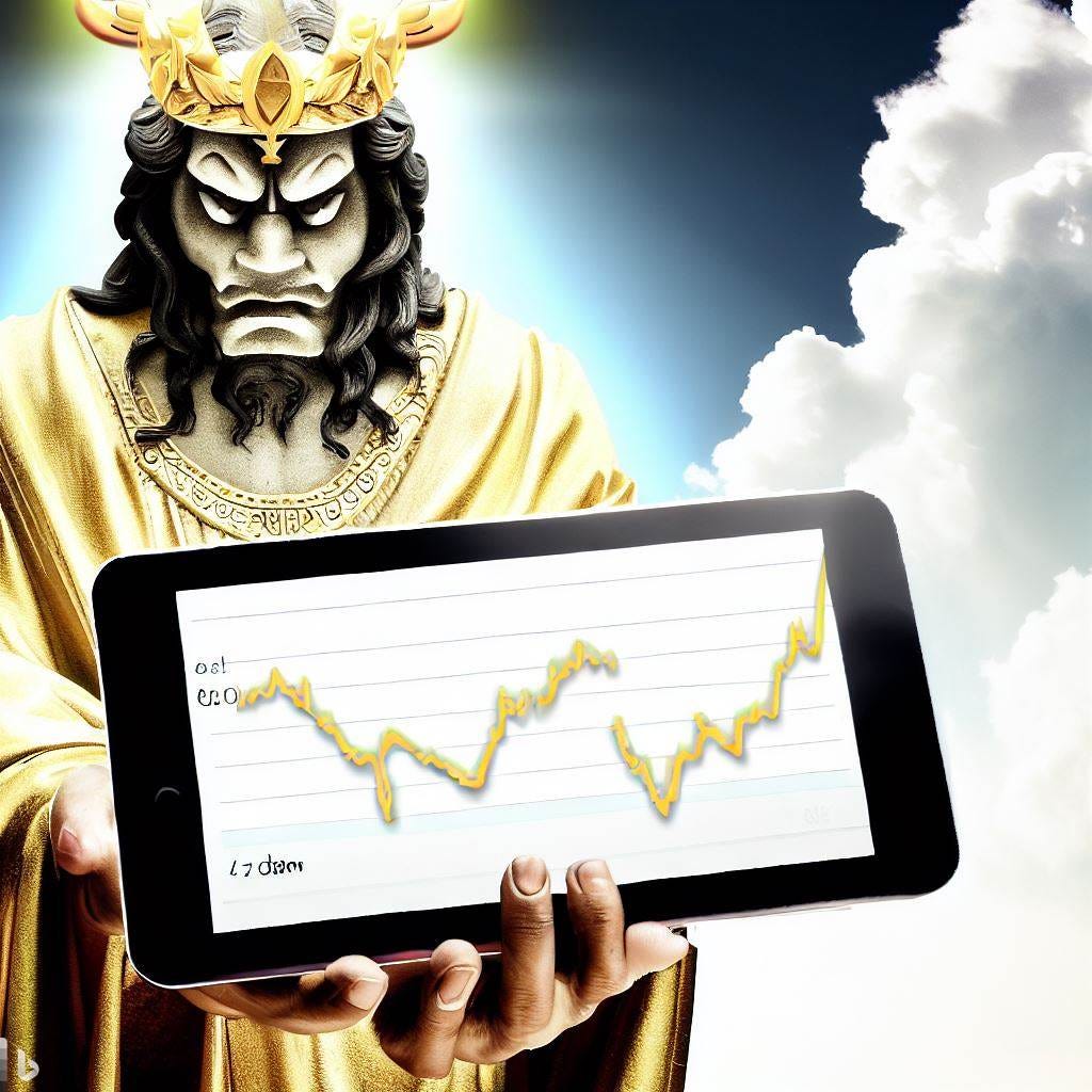 god hold an ipad with a chart on it showing a downward trend and show god's face looking angry while looking down on the people of earth