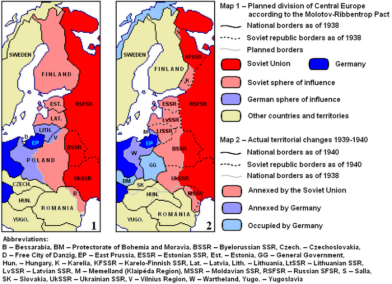 Molotov-Ribbentrop planned division of central Europe. Source: Wikipedia.