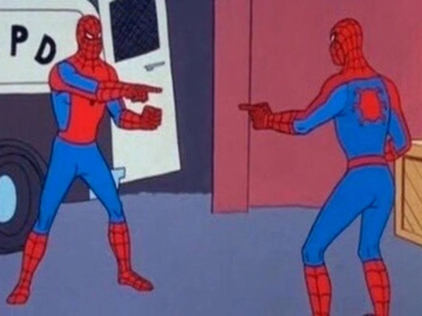 Spider-Man meme: drawing of two Spider-Men pointing at each other outside a police van