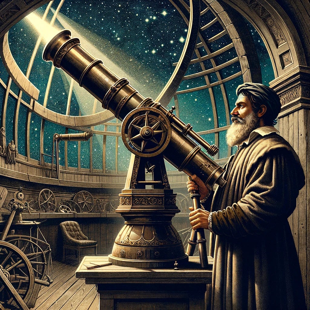 Historical illustration of Galileo Galilei, the famous astronomer, looking through a telescope in an observatory during the early 17th century. The scene should depict Galileo, a bearded man in period clothing, standing beside a long, antique telescope aimed towards the night sky through an open dome of the observatory. The background should include starry skies and the interior details of the observatory with ancient astronomical tools. The style should be detailed and realistic, suitable for a history textbook.