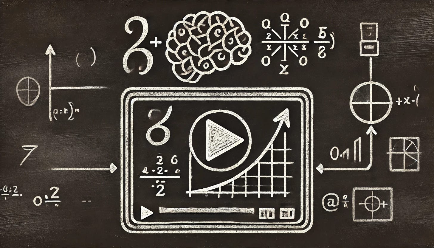 A minimalist chalkboard-style illustration emphasizing learning math through videos. The image shows a stylized play button (triangle) on a chalk-outlined video frame. Inside the frame, abstract math symbols like π, Σ, and a graph wave are drawn in white chalk, representing instructional content. From the video frame, a series of interconnected neural pathways extend outward, forming a subtle brain outline above, symbolizing knowledge spreading from the video. The background is a dark chalkboard texture with no unnecessary details or text. Maintain a 2:1 aspect ratio.