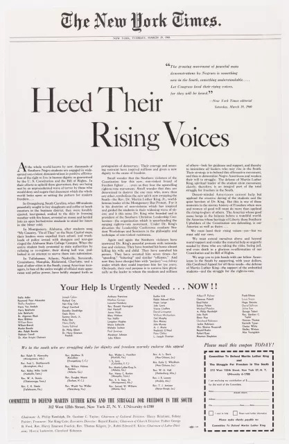 This advertisement is an exhibit from the court case Abernathy v Patterson involving Martin Luther King, Jr. The advertisement calls for support of the civil rights movement and is signed by 100 prominent citizens. This advertisement is an exhibit from the court case Abernathy v Patterson involving Martin Luther King, Jr. The advertisement calls for support of the civil rights movement and is signed by 100 prominent citizens.