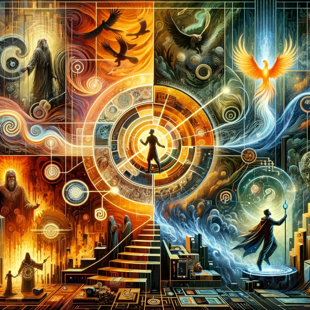 Visualize the abstract concept of order emerging from chaos in a technological context. In the center, a figure representing a modern-day hero uses futuristic tools to organize swirling, abstract shapes that symbolize chaos. Around this central scene, illustrate scenes representing the metaphor of saving the Great Father from the underworld, where another hero delves into a shadowy, cave-like environment filled with ancient symbols and artifacts, retrieving a figure that represents wisdom and tradition. On the third part of the image, depict the resurrection metaphor with a phoenix-like creature rising from a digital flame, symbolizing innovation and rebirth. The overall tone is one of hope and progress, with elements of past wisdom being integrated into a new order. The scenes are interconnected, showing the continuous cycle of confronting chaos, learning from the past, and emerging renewed. Use a color palette that contrasts the warm tones of order and cool tones of chaos.