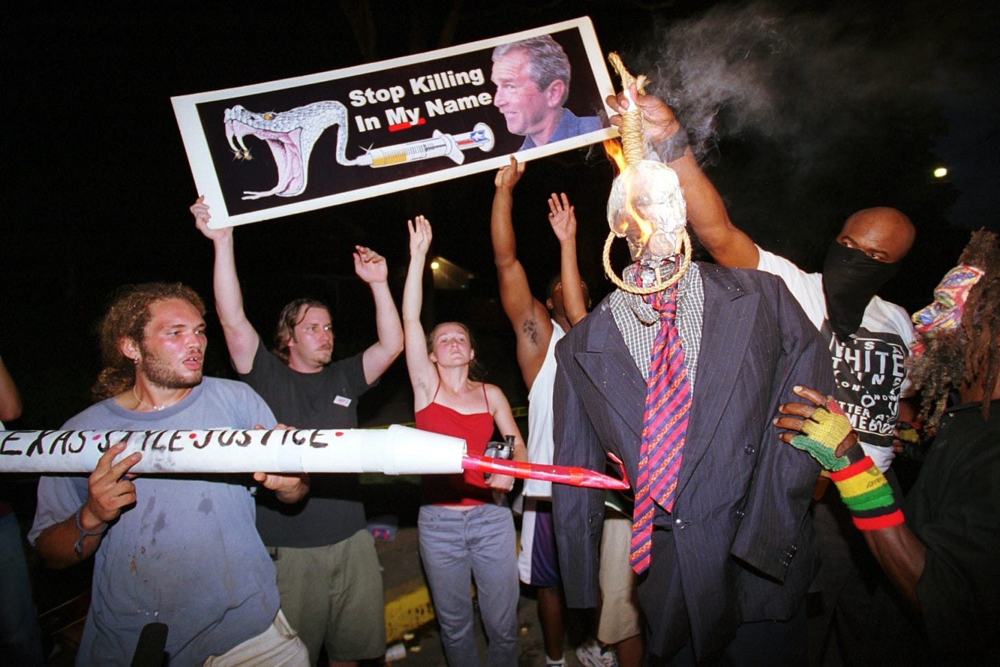 Protesters, burning, effigy, Texas Governor, George W. Bush, execution Texas death row, inmate, Gary Graham