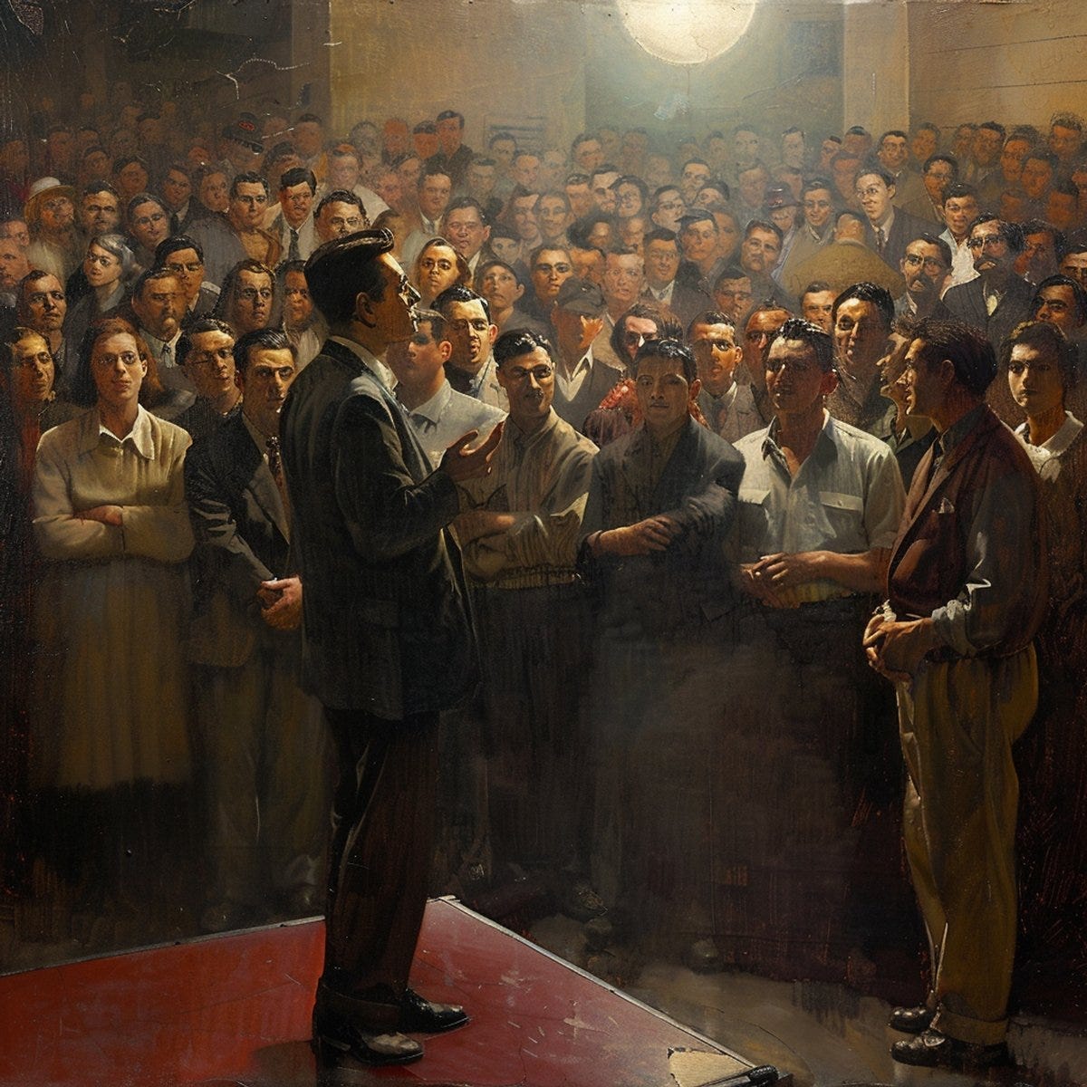 The painting shows a modern man giving a speech in front of people.
